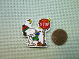 Second view of the Dear Santa Please Stop Here Snoopy and Woodstock Needle Minder