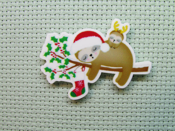 First view of the Sleepy Santa Sloth with Baby Reindeer Sloth Needle Minder