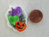 Second view of Trick or Treat Candy Hearts Needle Minder.