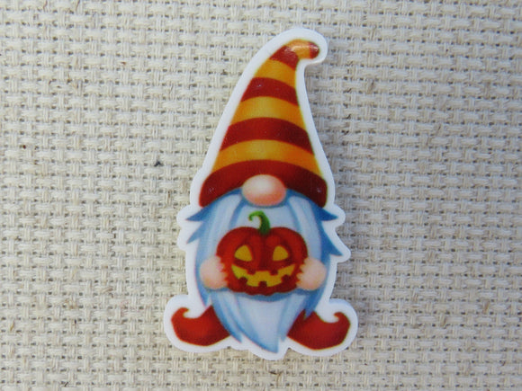 First view of Orange Gnome with a Jack-O-Lantern Needle Minder. 