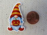 Second view of Orange Gnome with a Jack-O-Lantern Needle Minder.