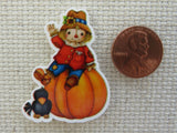 Second view of Scarecrow Sitting on Top of a Pumpkin with a Crow Friend Needle Minder.