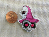 Second view of Pretty in Pink Skull with Heart Eyes and a Witches Hat Needle Minder.