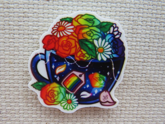 First view of Rainbow Roses and White Daisy Teacup Needle Minder.