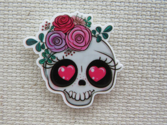 Skull with Pink Heart Eyes and Pretty Flowers Needle Minder, Cover Minder, Magnet LAST ONE!