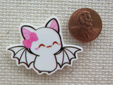 Second view of Cute White Bat with a Pin Bow Needle Minder.