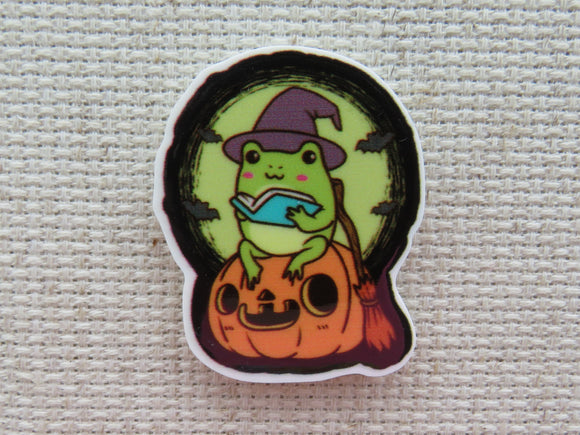 First view of Witch Frog on a Pumpkin Needle Minder.