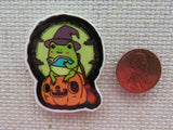 Second view of Witch Frog on a Pumpkin Needle Minder.