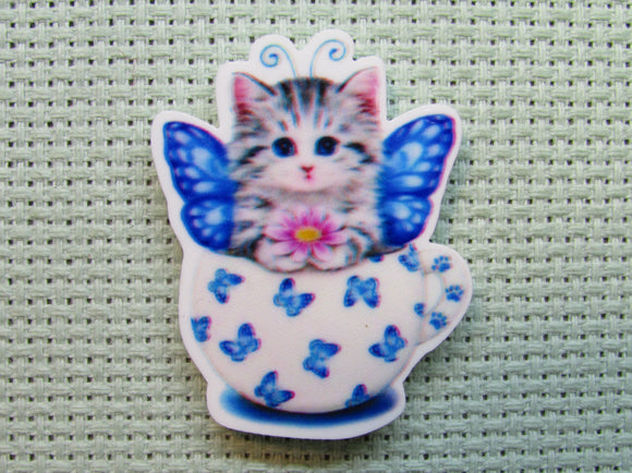 First view of the Blue Butterfly Kitty Teacup Needle Minder