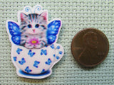 Second view of the Blue Butterfly Kitty Teacup Needle Minder