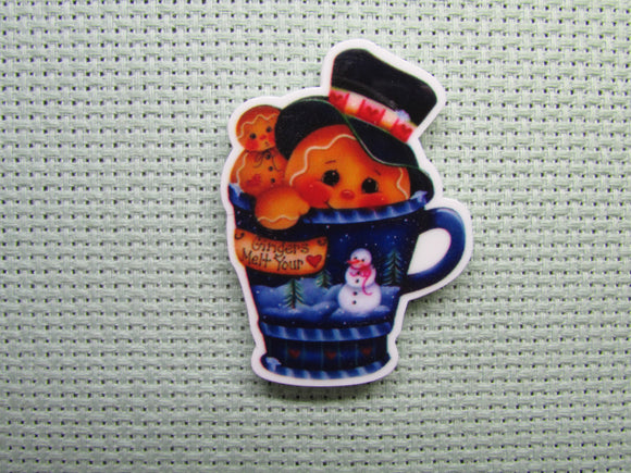 First view of the Gingerbread Man Peeking Out of a Snowman Mug Needle Minder
