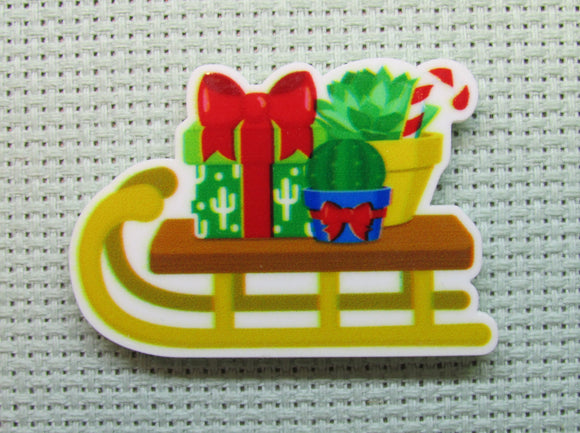 First view of the Christmas Cactus Decorated Sled Needle Minder