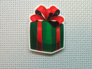 First view of the Green Christmas Gift Wrapped in a Red Bow Needle Minder