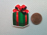 Second view of the Green Christmas Gift Wrapped in a Red Bow Needle Minder