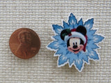 Second view of Mickey Wearing a Santa Hat Bursting Out of a Snowflake Needle Minder.