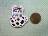 Second view of the Cute Kitty in a Teacup Dressed as a Cow Needle Minder