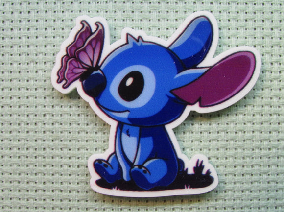 First view of the Stitch with a Butterfly on his Nose Needle Minder