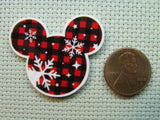Second view of the Red and Black Plaid Mouse Head with Snowflakes Needle Minder
