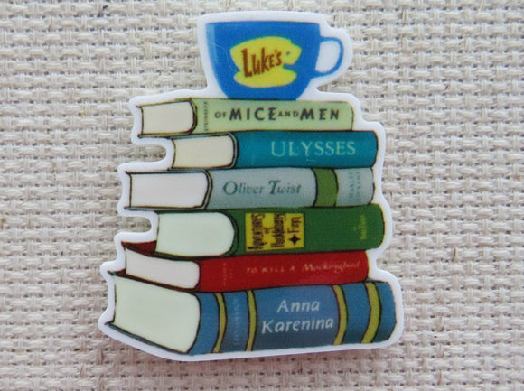 First view of A Stack of Books with a Luke's Mug Needle Minder.