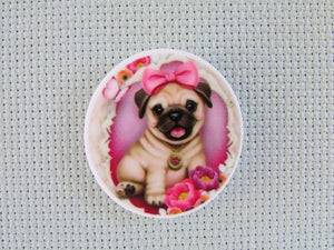 First view of the Pug in a Pink Circle Needle Minder