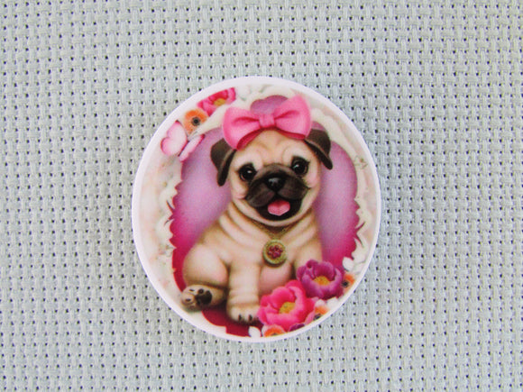 First view of the Pug in a Pink Circle Needle Minder