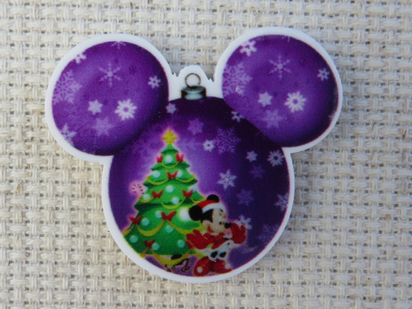 First view of Purple Mouse Head Filled with a Christmas Scene Needle Minder.