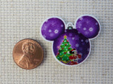 Second view of Purple Mouse Head Filled with a Christmas Scene Needle Minder.
