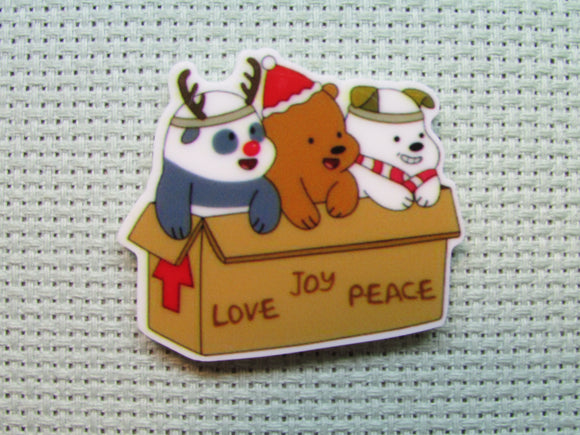 First view of the Three Christmas Bears in a Love Joy and Peace Box Needle Minder