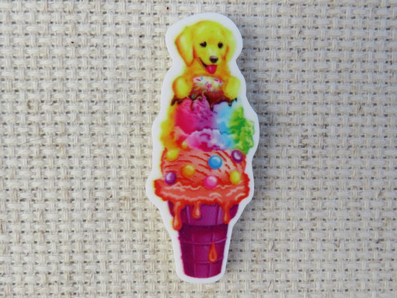 First view of Golden Puppy on an Ice Cream Cone Needle Minder.