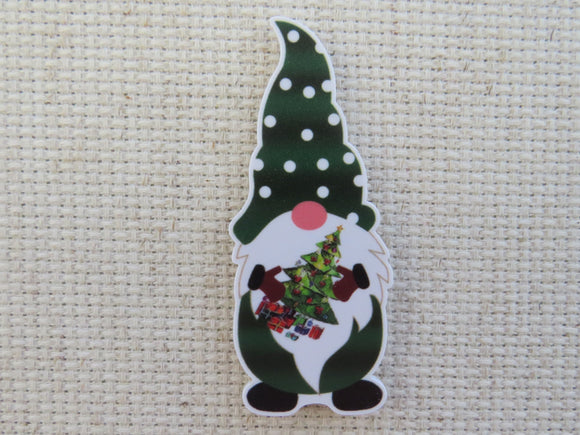 First view of Green Gnome with a Christmas Tree Needle Minder.