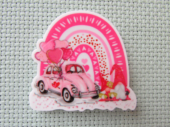 First view of the Heartful Pink Rainbow Gnomes with a Bug Car Needle Minder