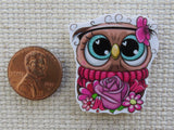 Second view of Rosy the Owl Needle Minder.
