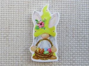 First view of Yellow Gnome with an Easter Basket Needle Minder.