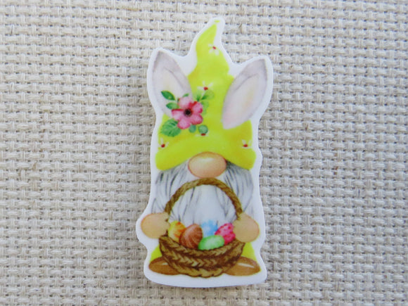 First view of Yellow Gnome with an Easter Basket Needle Minder.