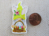 Second view of Yellow Gnome with an Easter Basket Needle Minder.