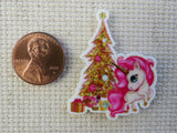 Second view of Pink Unicorn Under a Golden Christmas Tree Needle Minder.
