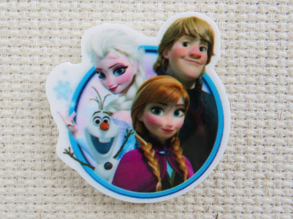 First view of Elsa, Anna, Olaf and Kristoff needle minder.