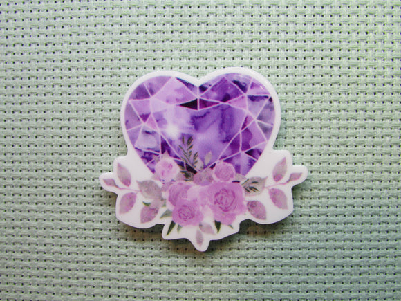 First view of the Purple Jeweled Heart with Flowers Needle Minder