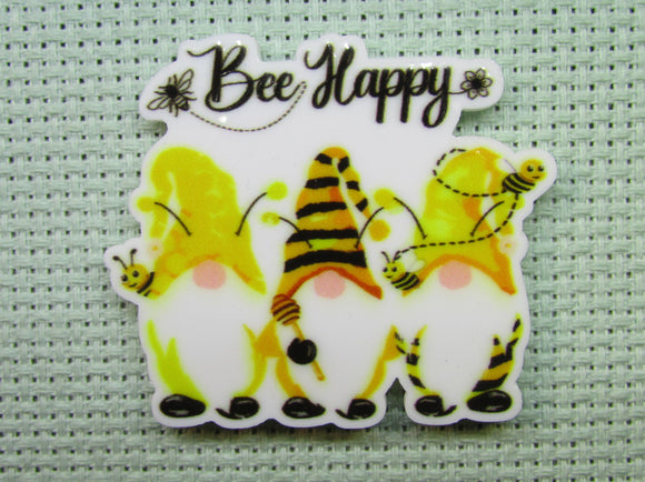 First view of the Bee Happy Yellow Gnome Trio Needle Minder