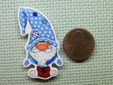 Second view of the Blue and White Polka Dot Gnome Needle Minder