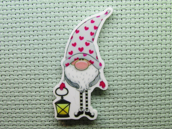 First view of the Grey with Red Hearts Gnome Needle Minder