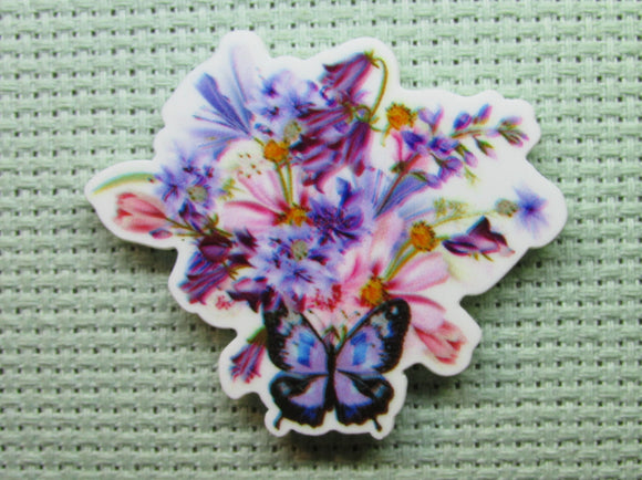 First view of the Beautiful Bouquet of Flowers with a Blue Butterfly Needle Minder