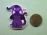 Second view of the Purple Cat with a Witches Hat Needle Minder