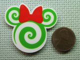 Second view of the Green Swirl Mouse Head Needle Minder