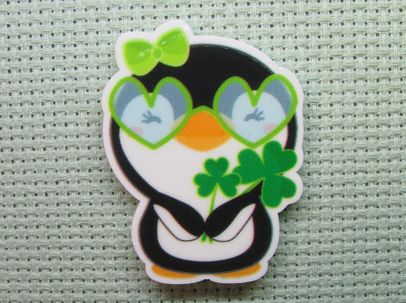 First view of the Shamrock Heart Glasses Wearing Penguin Needle Minder