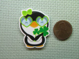 Second view of the Shamrock Heart Glasses Wearing Penguin Needle Minder