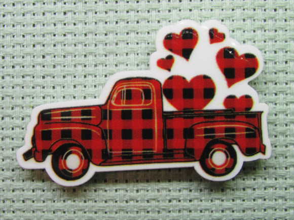 First view of the Red and Black Checkered Heart Filled Truck Needle Minder
