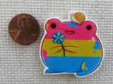 Second view of Colorful Frog with a Snail Friend Needle Minder.