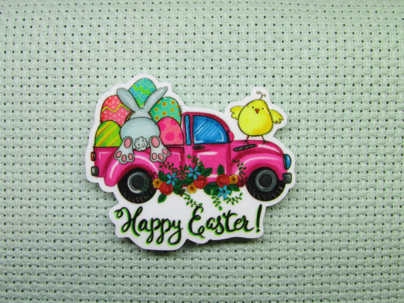 First view of the Happy Easter Truck with Eggs, Bunny Tails and Chicks Needle Minder