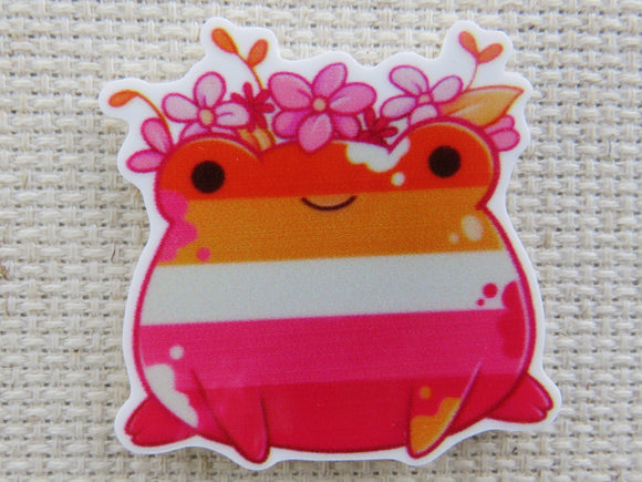 First view of Pink Stripped Frog with Flowers Needle Minder.
